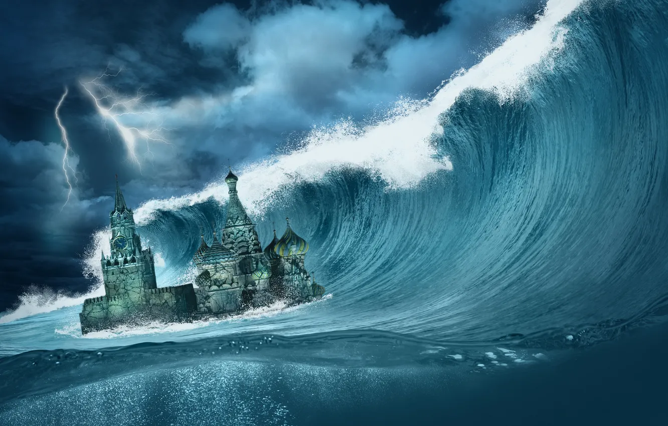 Photo wallpaper the ocean, wave, disaster, Apocalypse, The Kremlin, storm, sea, ocean