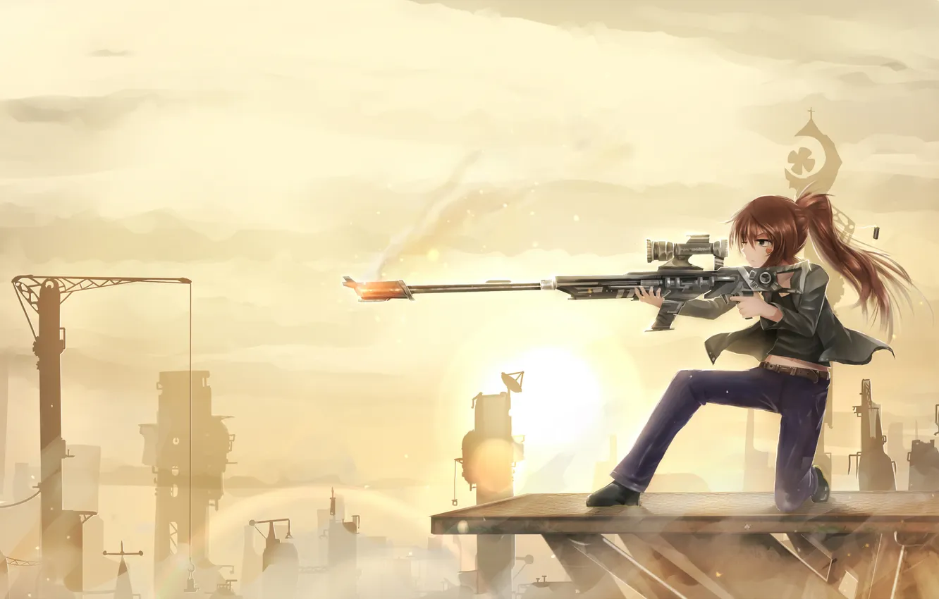 Photo wallpaper girl, the city, height, art, hearts, rifle, you