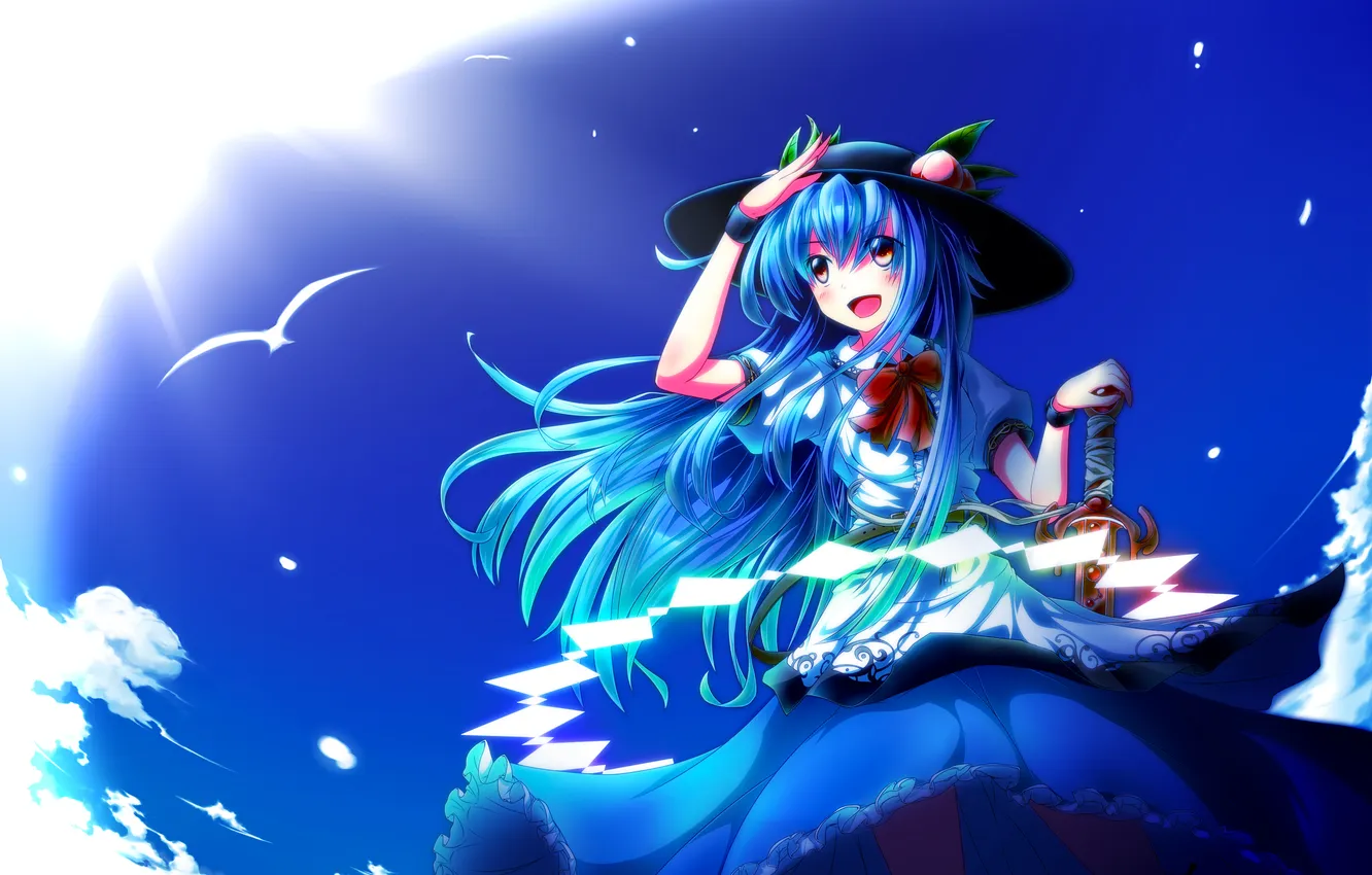 Photo wallpaper the sky, look, girl, the sun, joy, weapons, seagulls, Hinanawi Tenshi