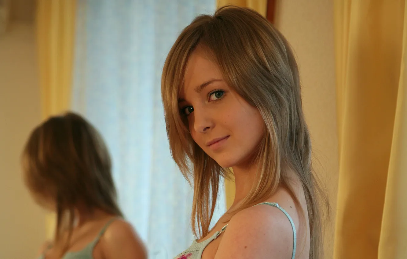 Photo wallpaper look, girl, smile, reflection, mirror