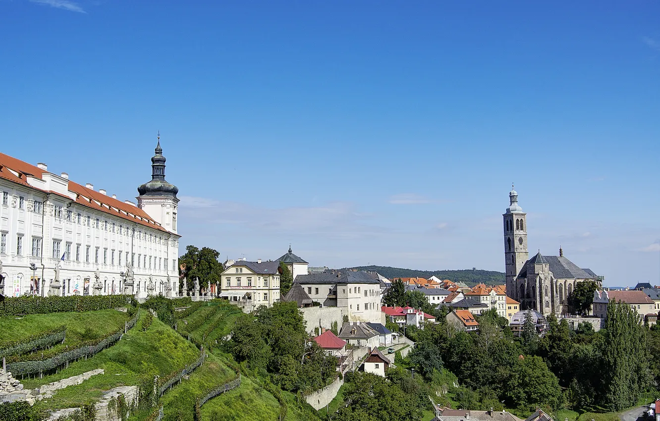 Photo wallpaper the sky, trees, landscape, open, tower, home, Czech Republic, Kutná Hora