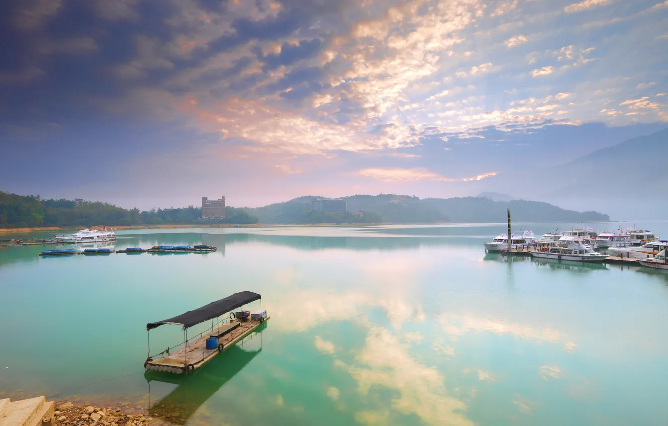 Photo wallpaper landscape, lake, shore, boat, yachts, pier