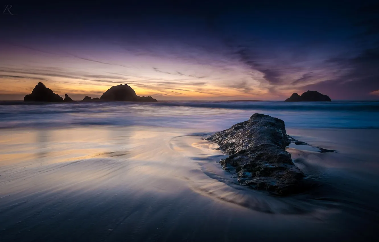 Photo wallpaper beach, the ocean, rocks, dawn, shore, coast, horizon