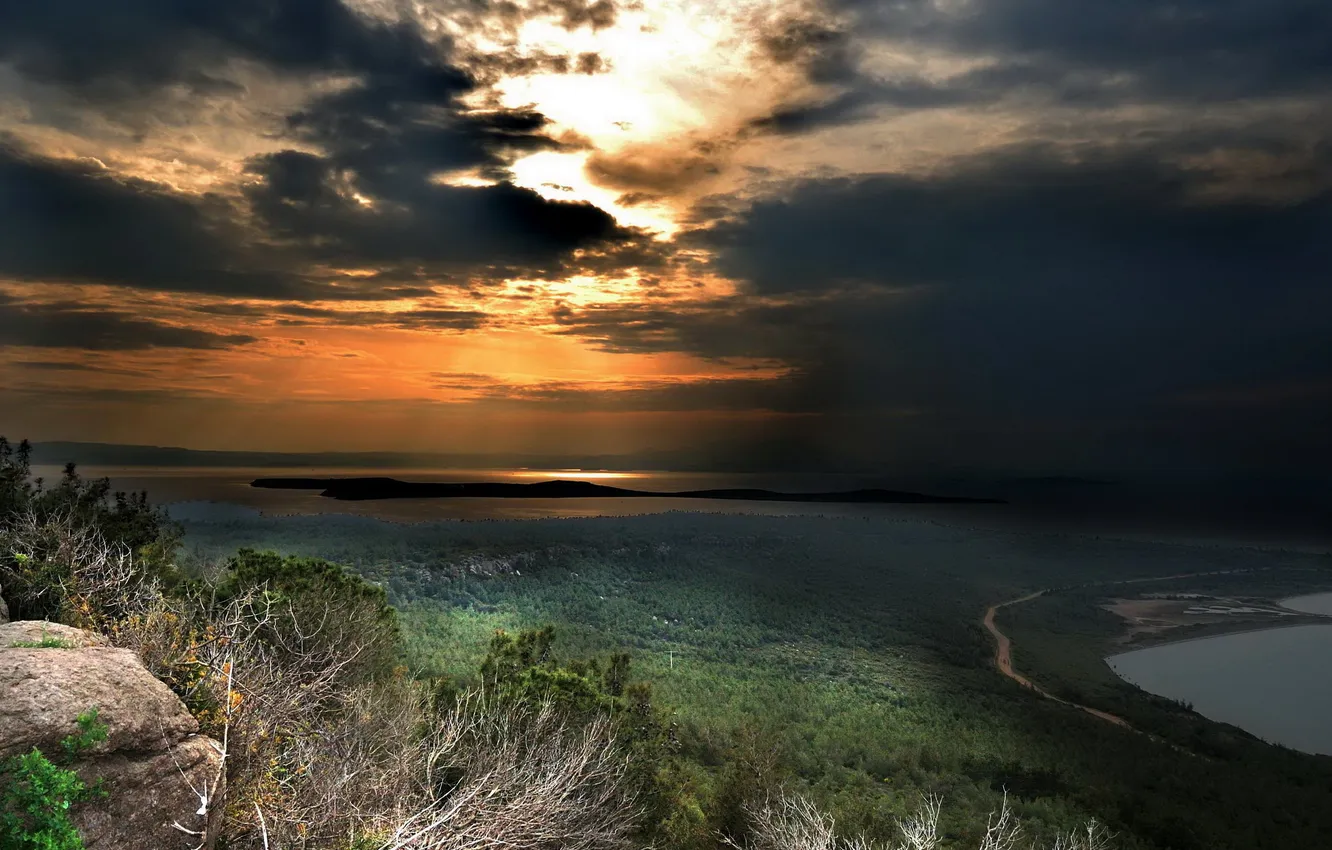Photo wallpaper greens, the sky, trees, sunset, clouds, river, stones, twilight