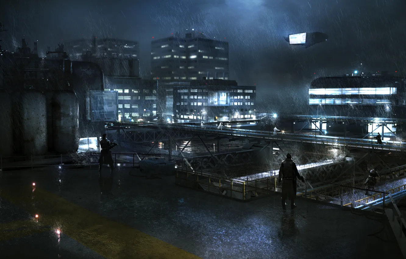 Photo wallpaper night, the city, rain, soldiers, security, Syndicate, Territory