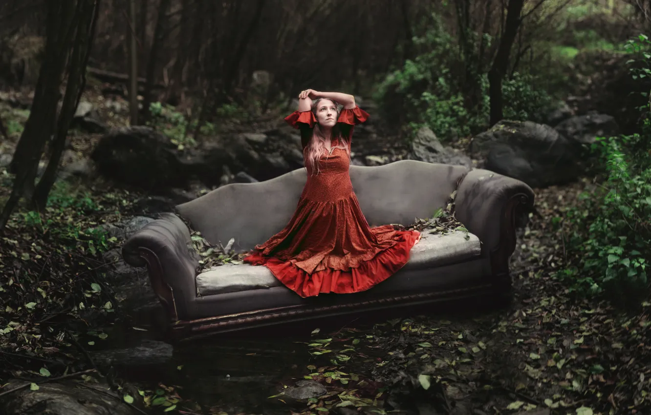 Photo wallpaper forest, leaves, blonde, forest, red dress, couch, leaves, blonde