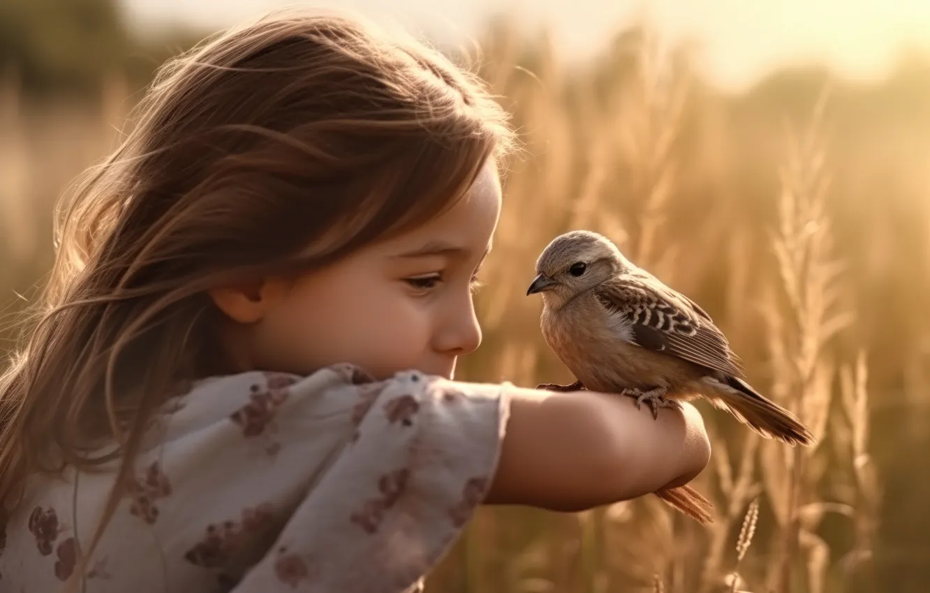 Photo wallpaper field, light, children, childhood, face, bird, hands, art
