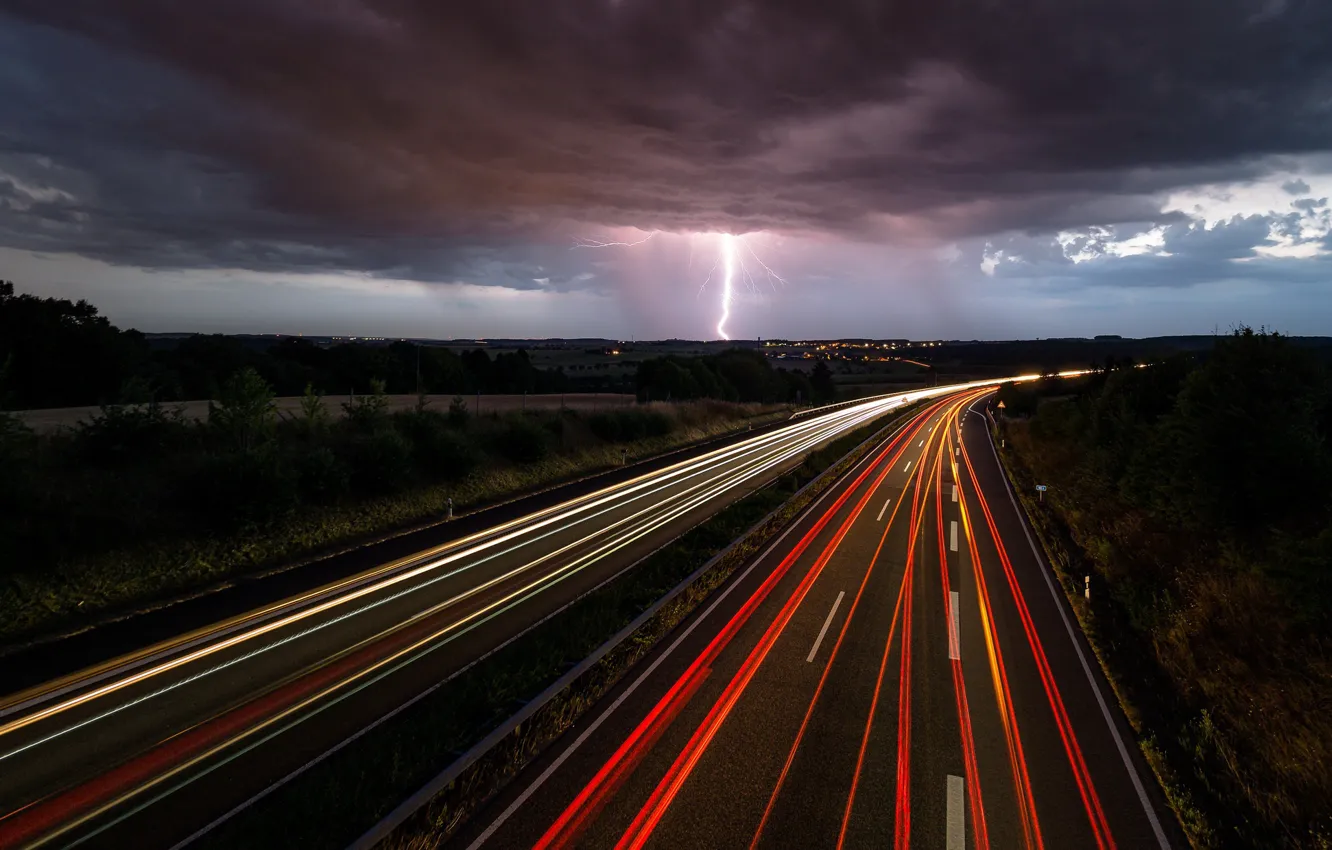Photo wallpaper road, lights, lightning