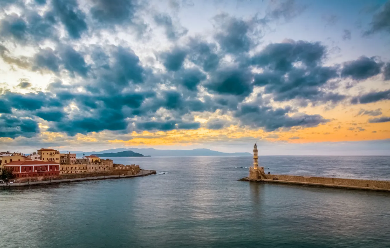 Photo wallpaper sea, clouds, sunset, lighthouse, home, Greece, panorama