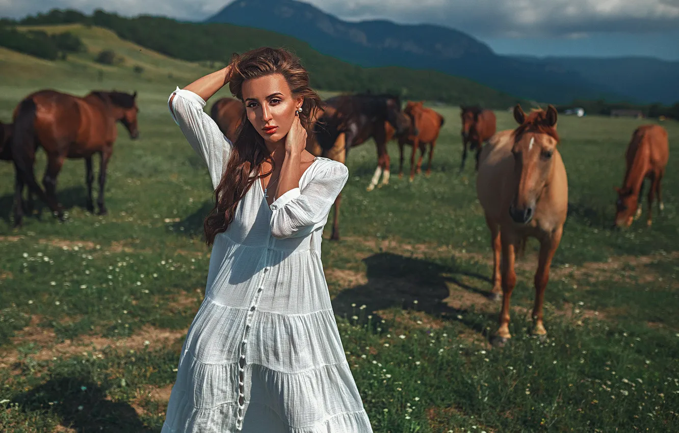 Photo wallpaper the sky, clouds, mountains, nature, animal, model, horse, dress