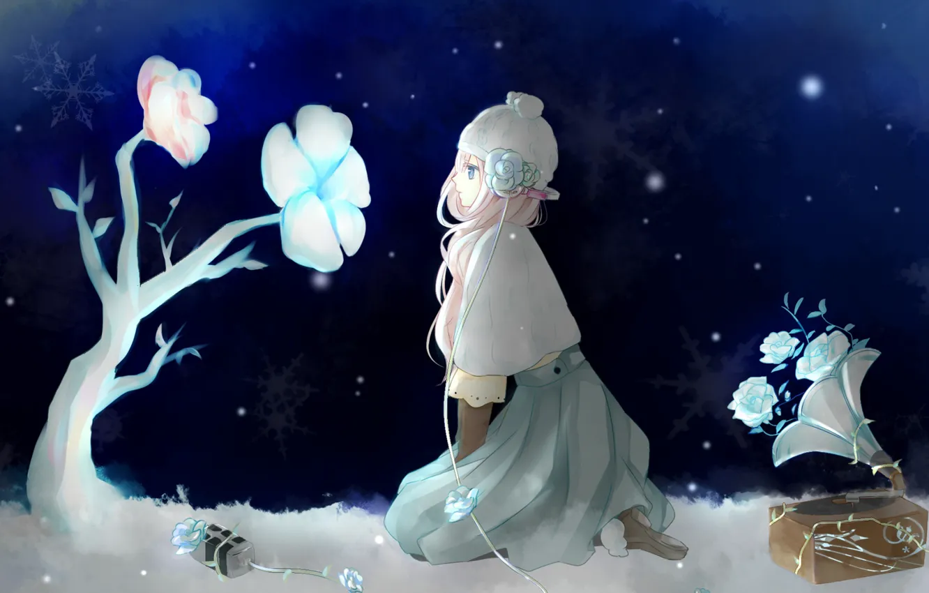Photo wallpaper winter, snowflakes, vocaloid, Hatsune Miku, the gramophone, white flowers, new yaer, winter snow