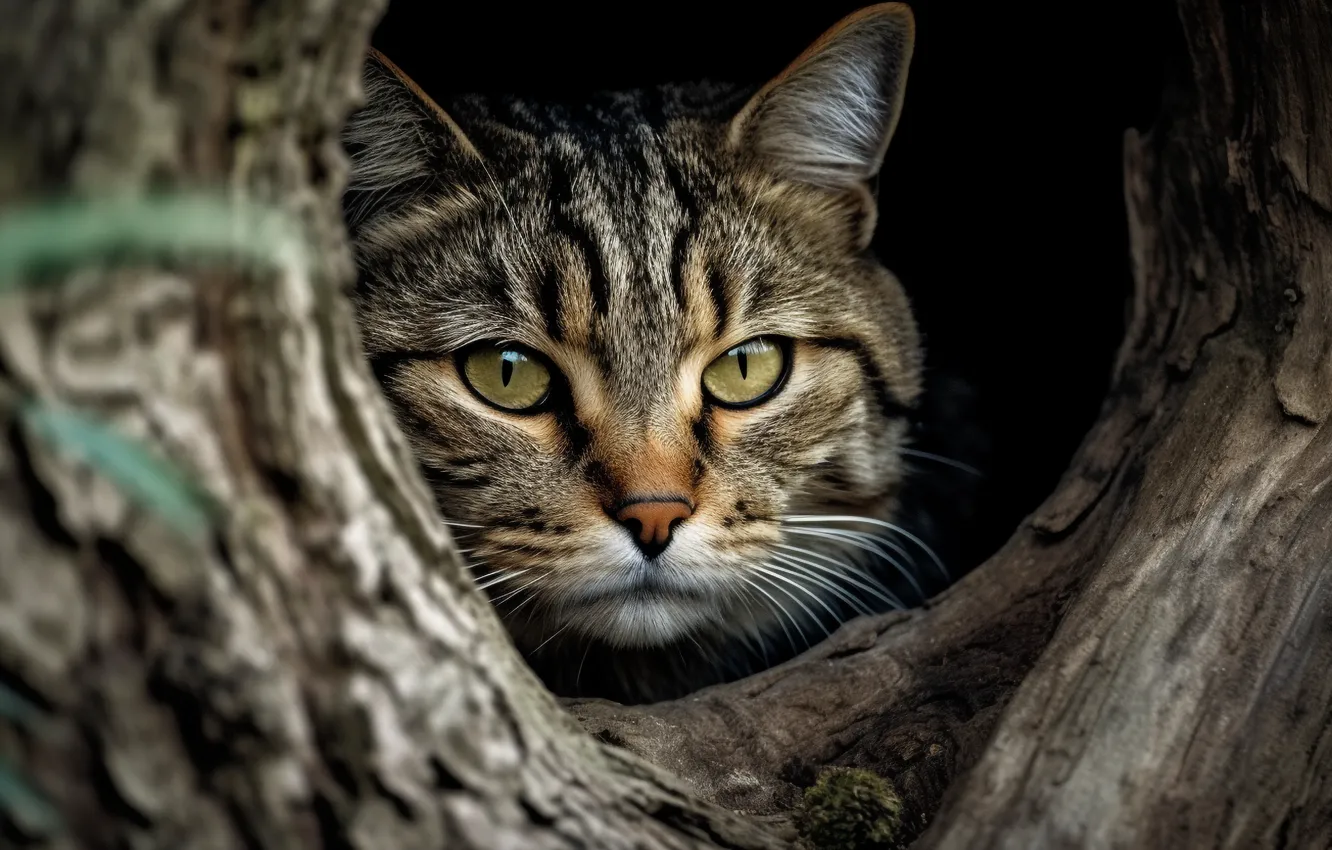 Photo wallpaper cat, cat, look, face, trees, nature, pose, grey
