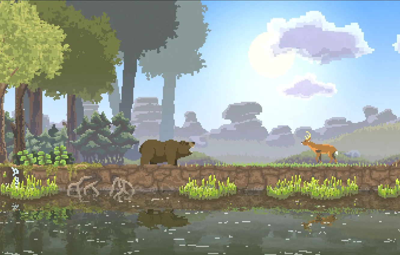 Photo wallpaper forest, the sun, clouds, trees, nature, river, deer, bear