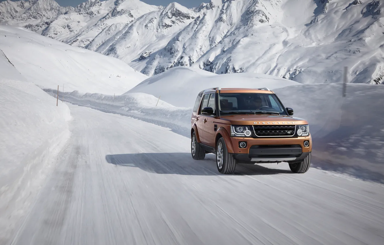 Photo wallpaper winter, snow, mountains, movement, speed, track, Land Rover, Discovery