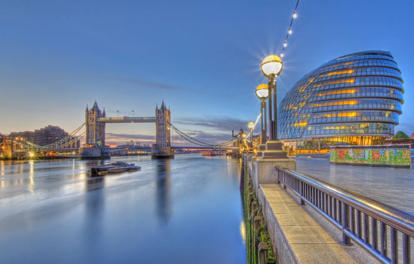 Photo wallpaper river, England, London, lights, Thames, Tower bridge, promenade, Tower Bridge