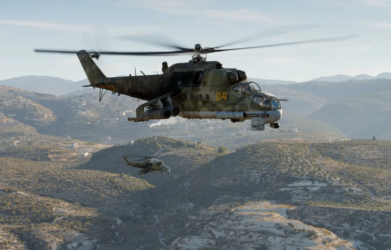 Photo wallpaper flight, mountains, helicopter, Mi-24P