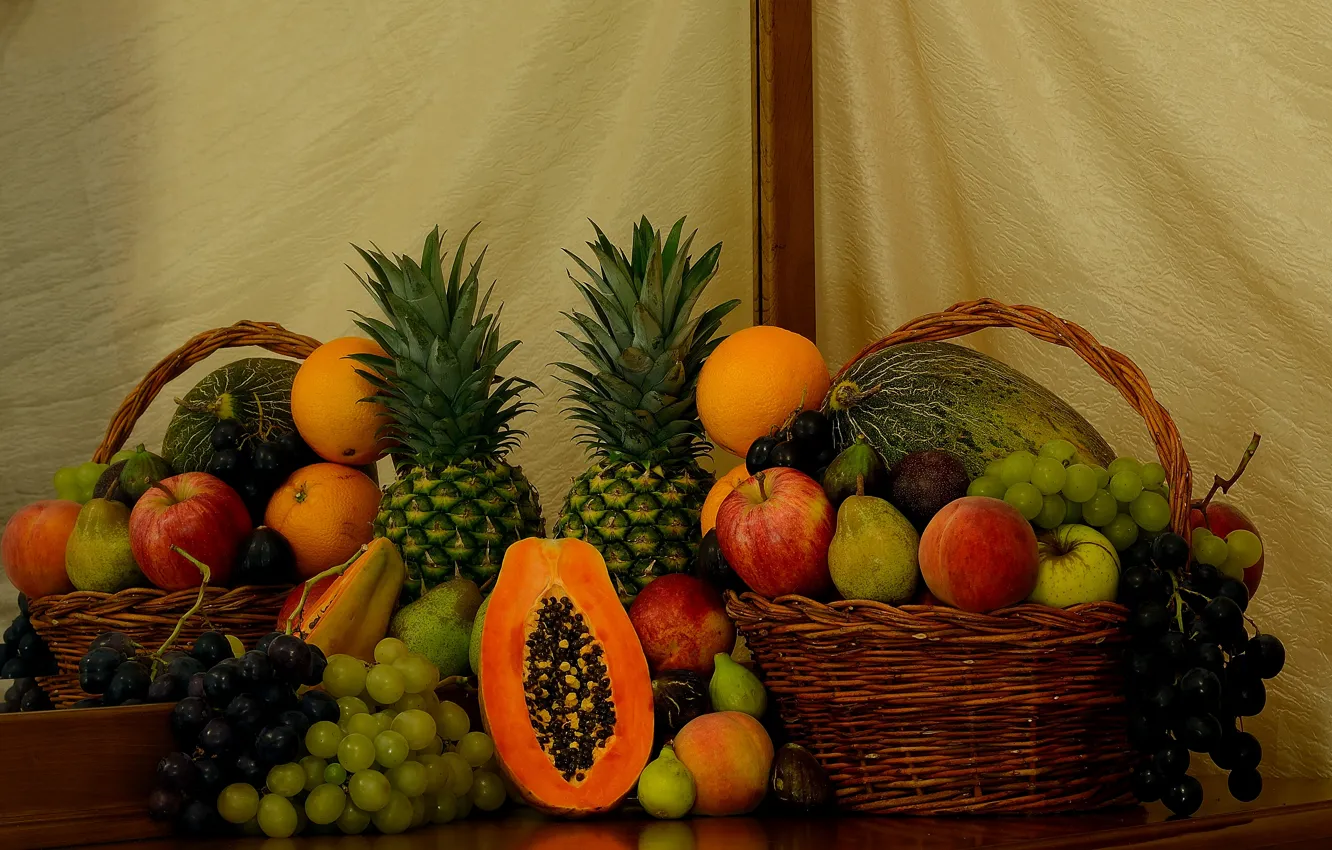 Photo wallpaper reflection, table, apples, orange, mirror, grapes, fabric, fruit