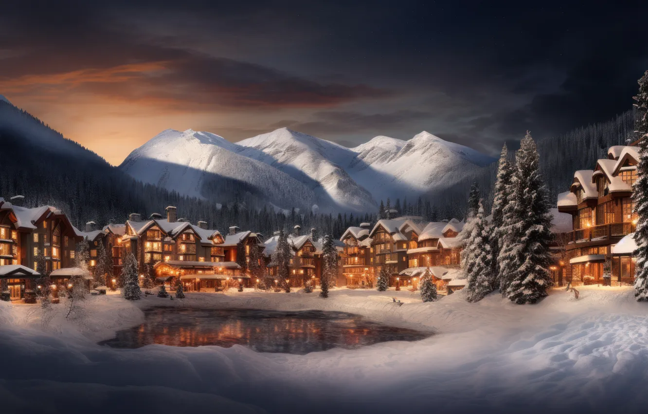 Photo wallpaper winter, snow, nature, new year, Christmas, house, AI art, neural network