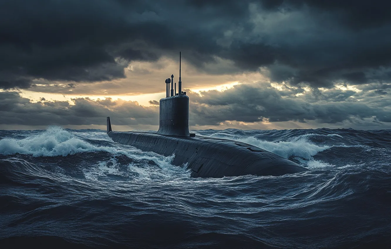 Photo wallpaper SEA, The OCEAN, The SKY, CLOUDS, WAVE, CLOUDS, The SHIP, submarine