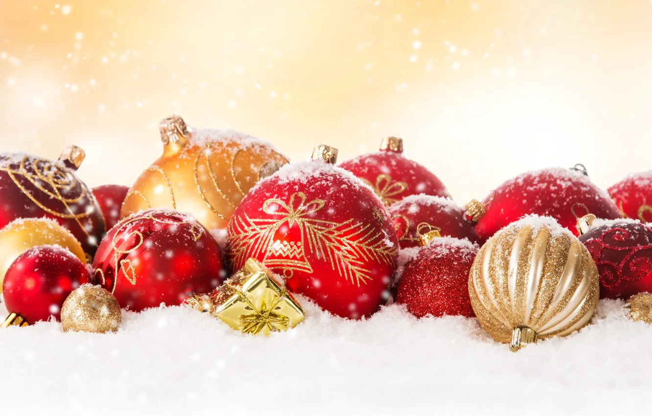 Photo wallpaper winter, balls, snow, holiday, decoration
