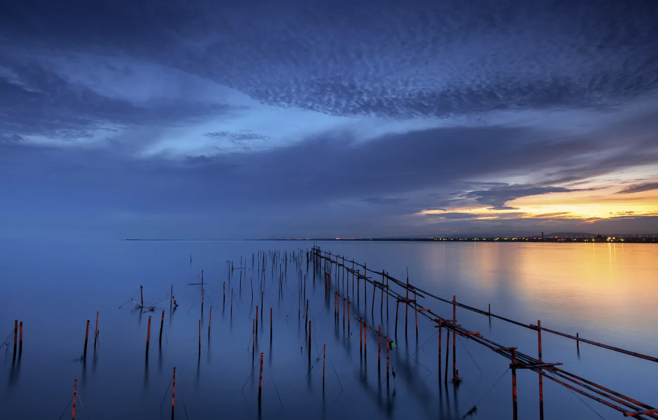 Photo wallpaper sea, the sky, clouds, sunset, blue, calm, the evening, Taiwan