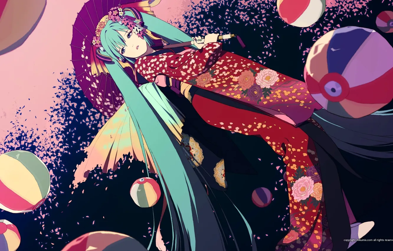 Photo wallpaper balls, umbrella, kimono, hairstyle, Hatsune Miku, Vocaloid, inflatable