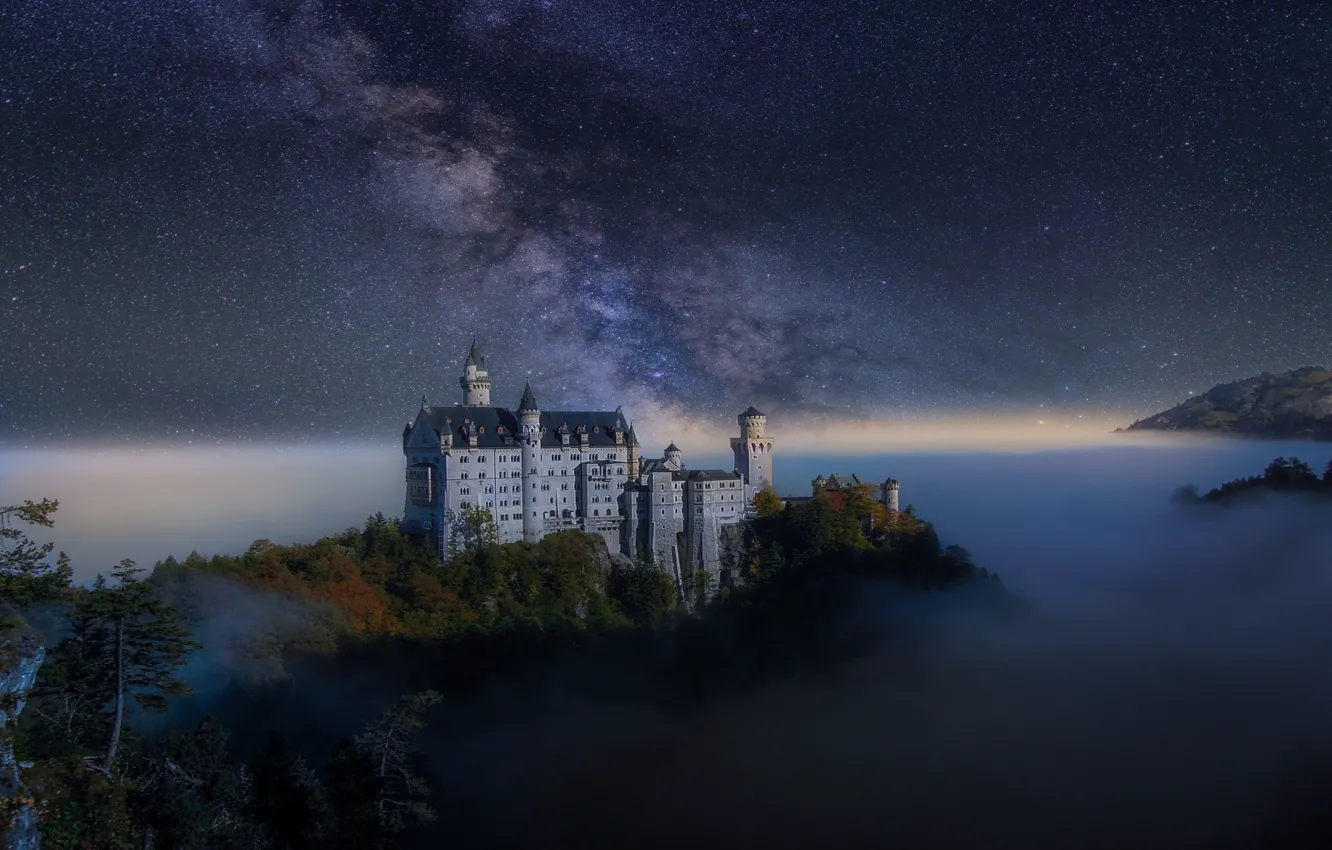 Photo wallpaper autumn, the sky, stars, night, fog, castle, Germany, the milky way
