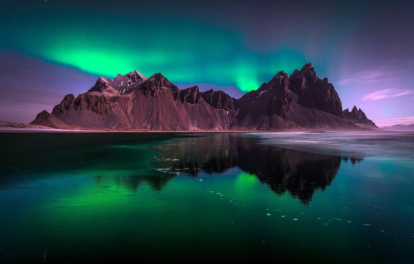 Photo wallpaper Aurora, Iceland, Iceland, polar lights, Black Beach, Dark Green Lights, Black Beach, Dark green lights