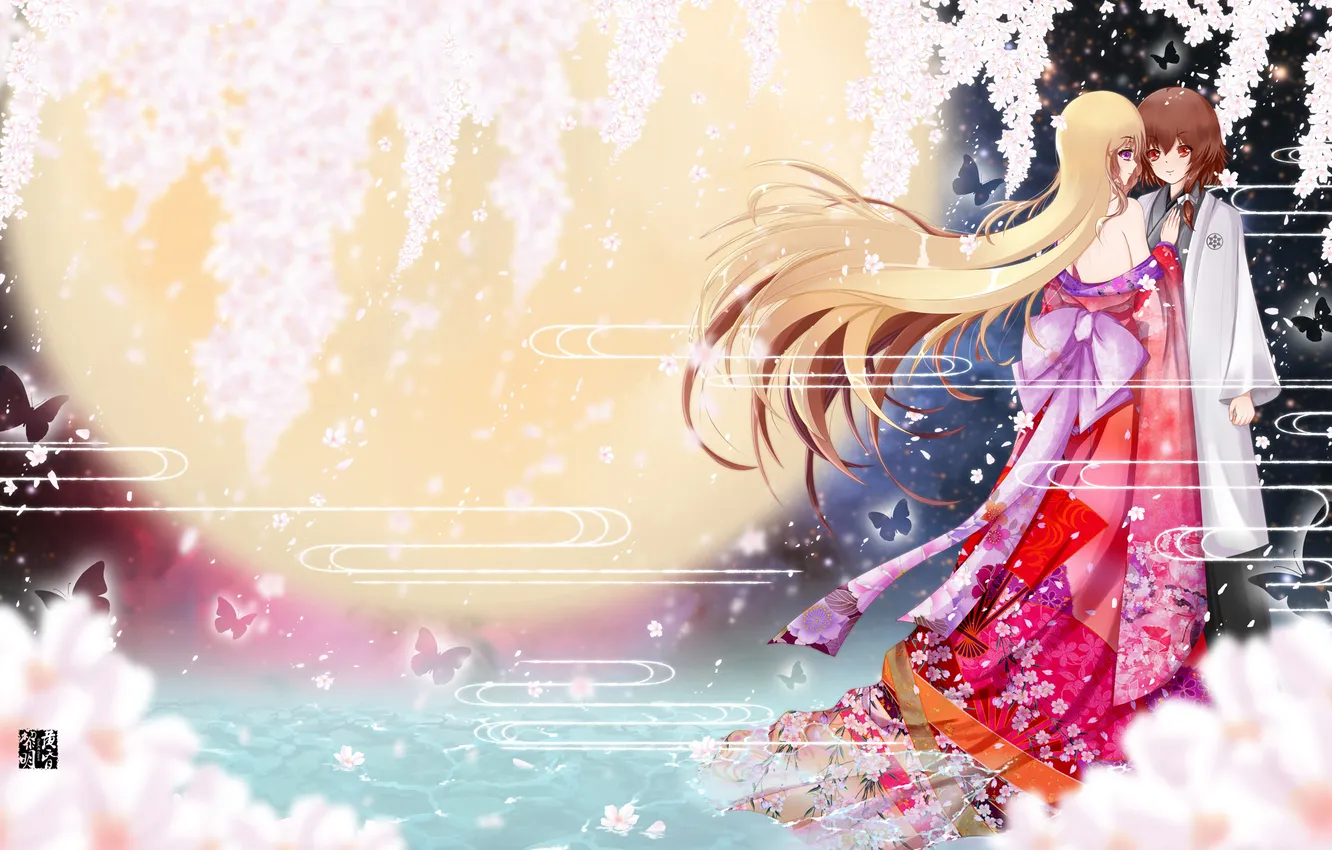 Photo wallpaper look, girl, smile, Sakura, hugs, art, dusk/dawn