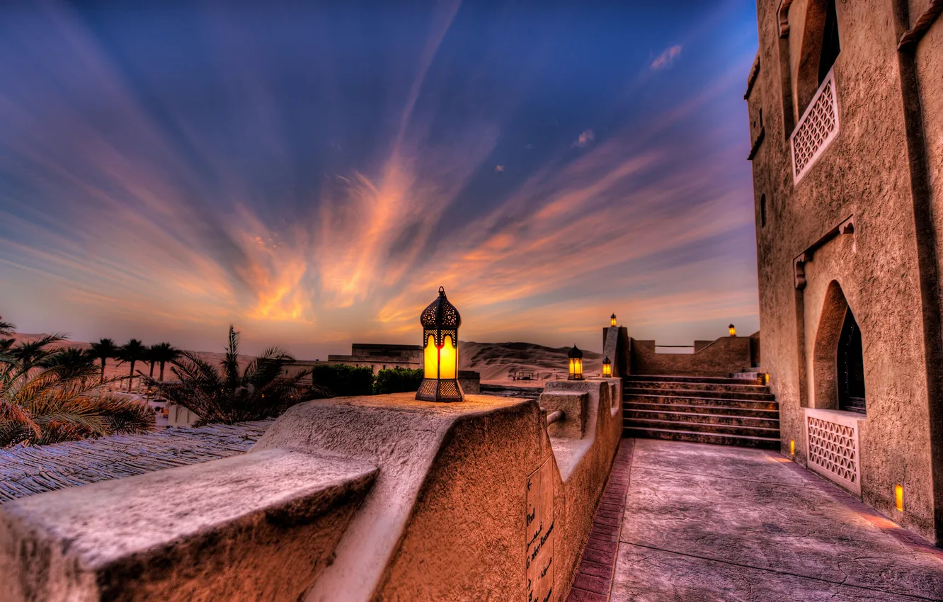 Photo wallpaper sunset, palm trees, the evening, lights, the hotel, Abu Dhabi, UAE, Abu Dhabi