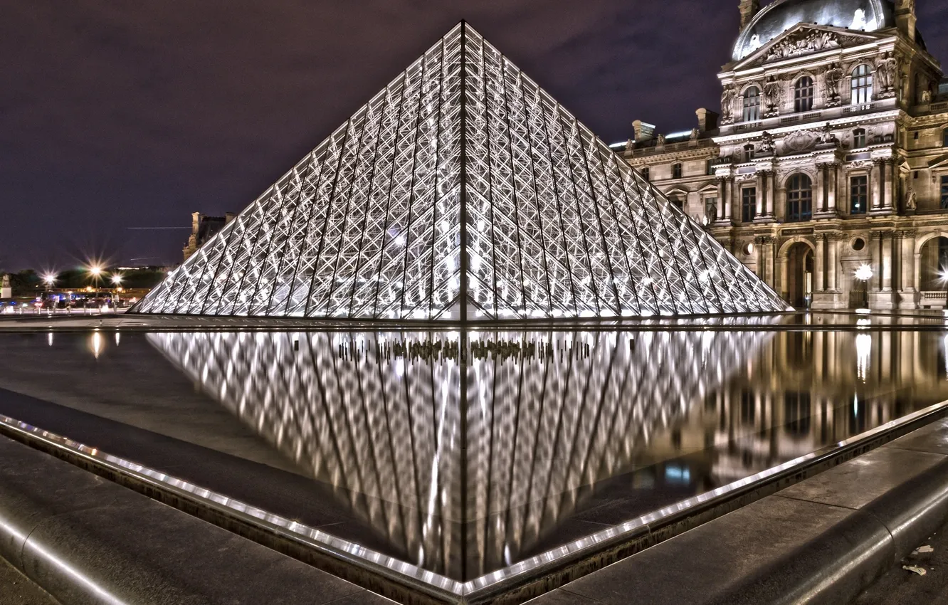 Photo wallpaper night, the city, France, Paris, The Louvre, pyramid, Paris, Museum