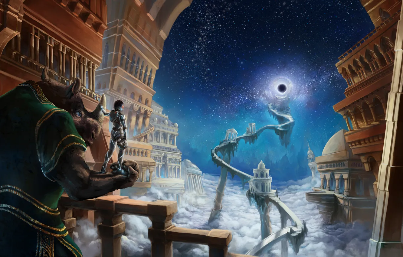 Photo wallpaper road, girl, clouds, the way, castle, the portal, traveler, Rhino