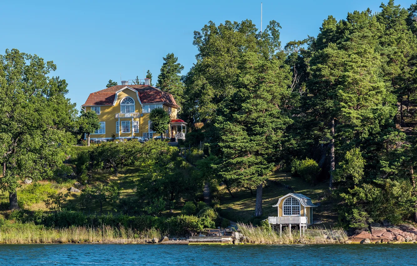 Photo wallpaper forest, trees, river, shore, home, Sweden, mansion, Stockholm