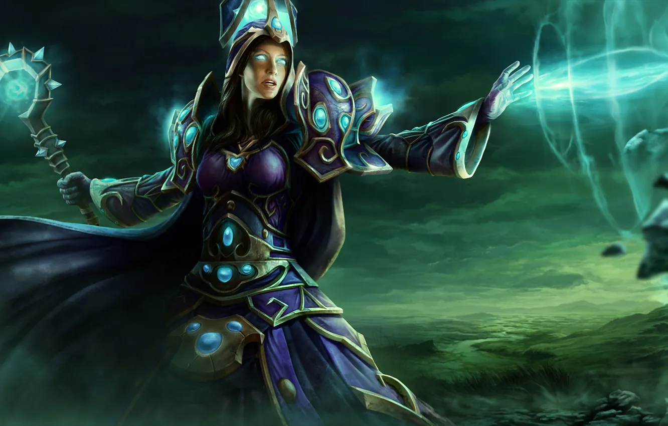 Photo wallpaper girl, clouds, magic, valley, staff, World of Warcraft, sorceress, wow