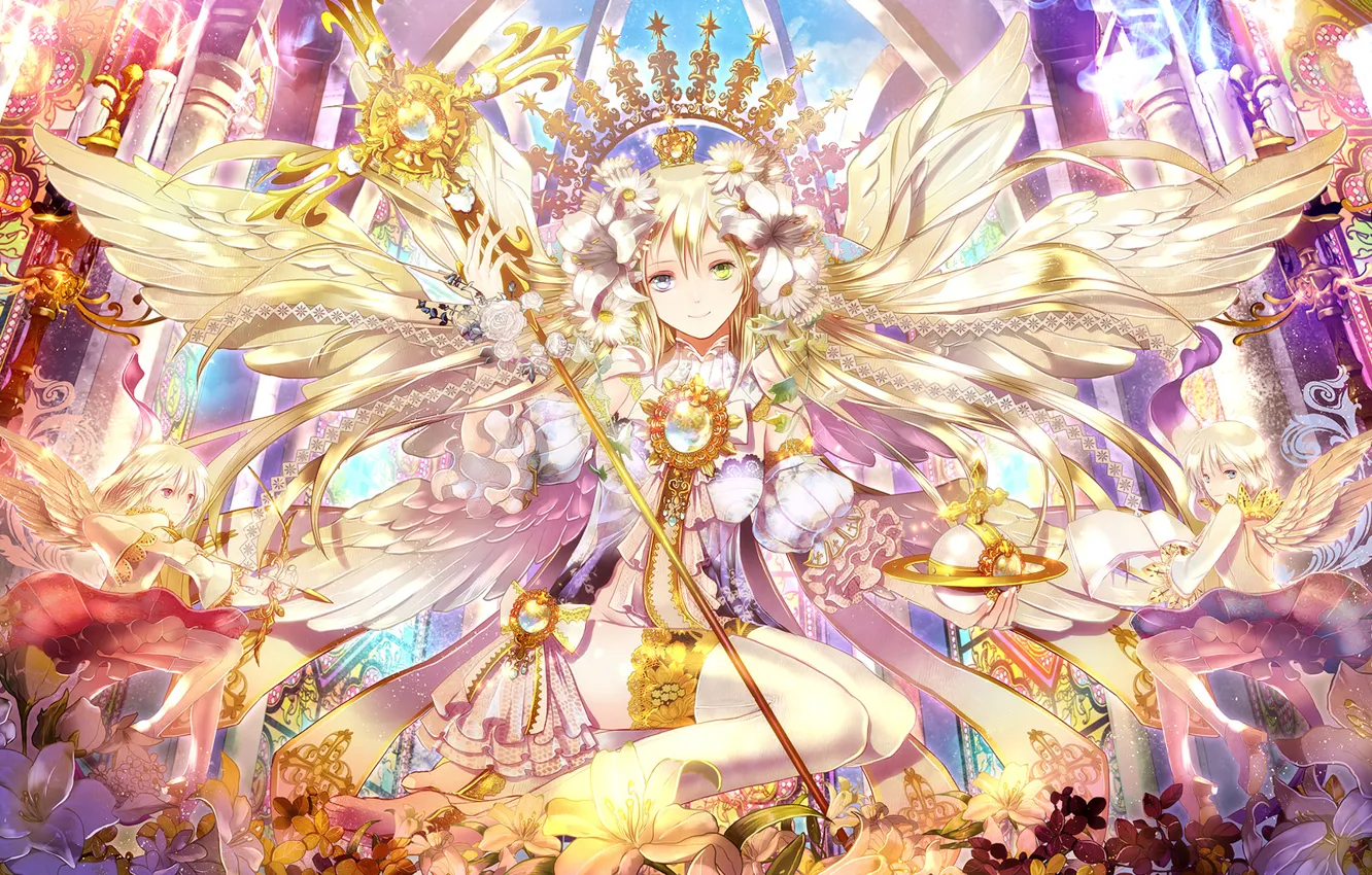 Photo wallpaper girl, flowers, wings, bow, staff, arrows, heterochromia