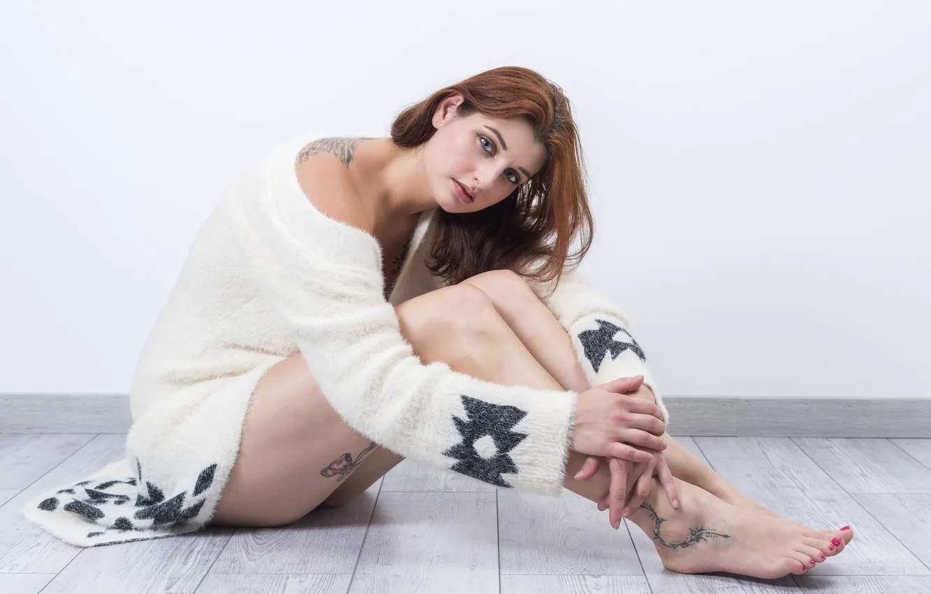 Photo wallpaper look, girl, pose, tattoo, brown hair, legs