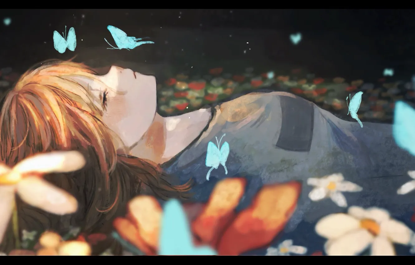 Photo wallpaper girl, flowers, butterfly, sleeping