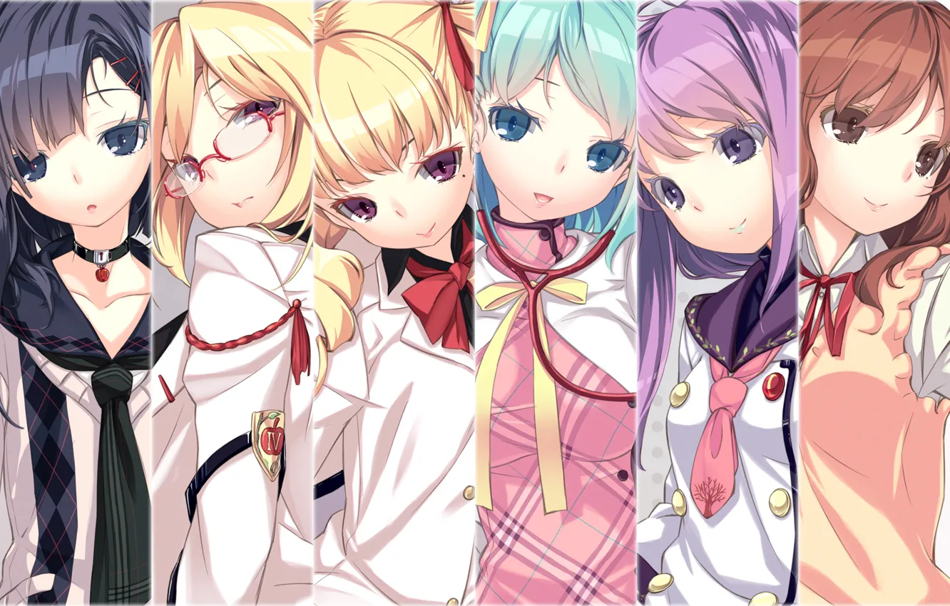 Photo wallpaper girl, smile, glasses, tie, blue eyes, bow, school uniform