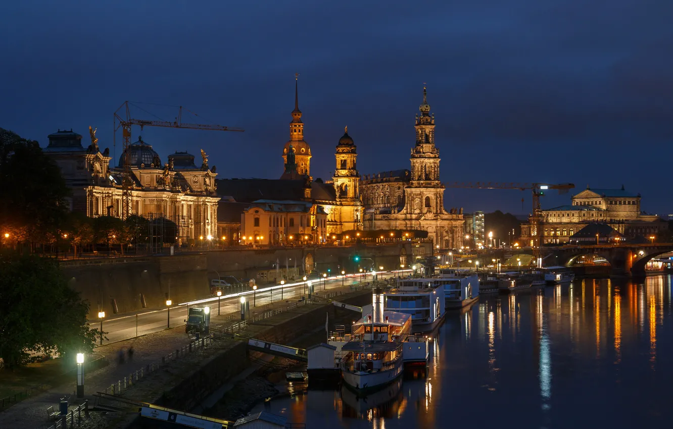 Photo wallpaper road, night, bridge, lights, river, home, Germany, Dresden