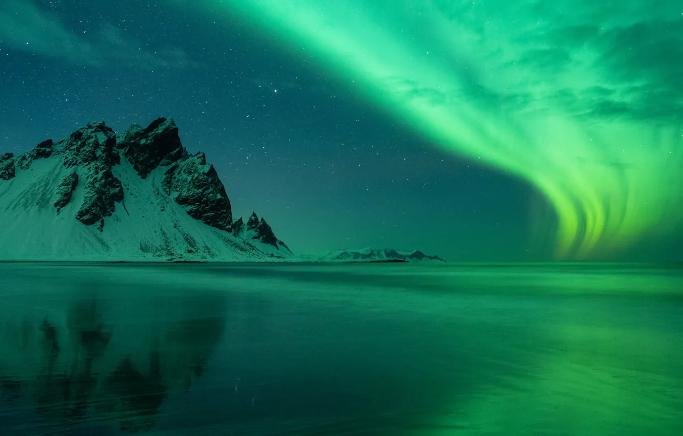 Photo wallpaper stars, mountains, reflection, lights