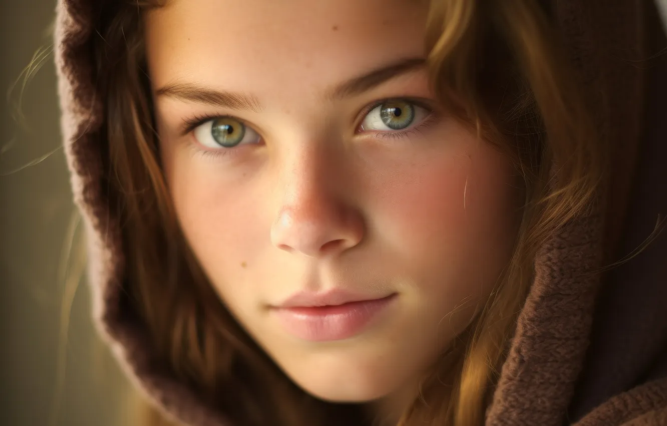 Photo wallpaper look, girl, face, portrait, hood, girl, teen, AI art