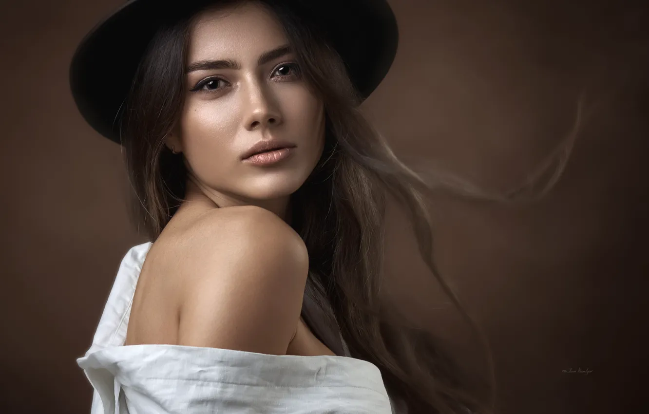 Photo wallpaper look, pose, background, model, portrait, hat, makeup, hairstyle