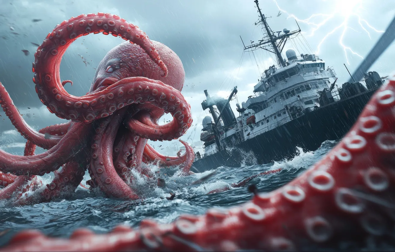 Photo wallpaper Sea, Wave, Lightning, Ship, Rain, Clouds, The tentacles, Attack