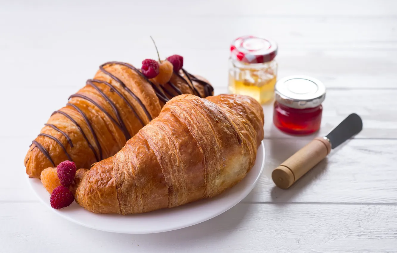 Photo wallpaper raspberry, cakes, jam, croissant