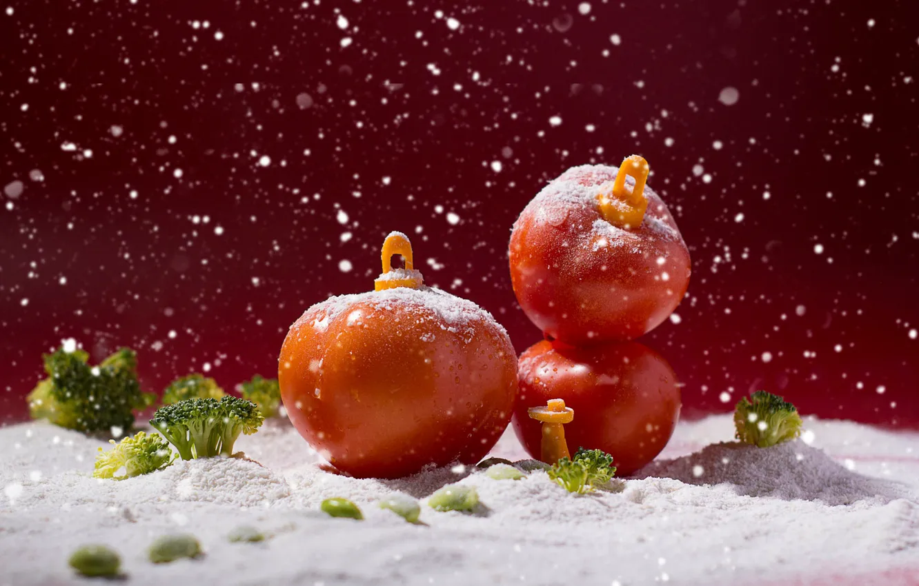 Photo wallpaper winter, snow, red, fantasy, toy, the snow, still life, trio