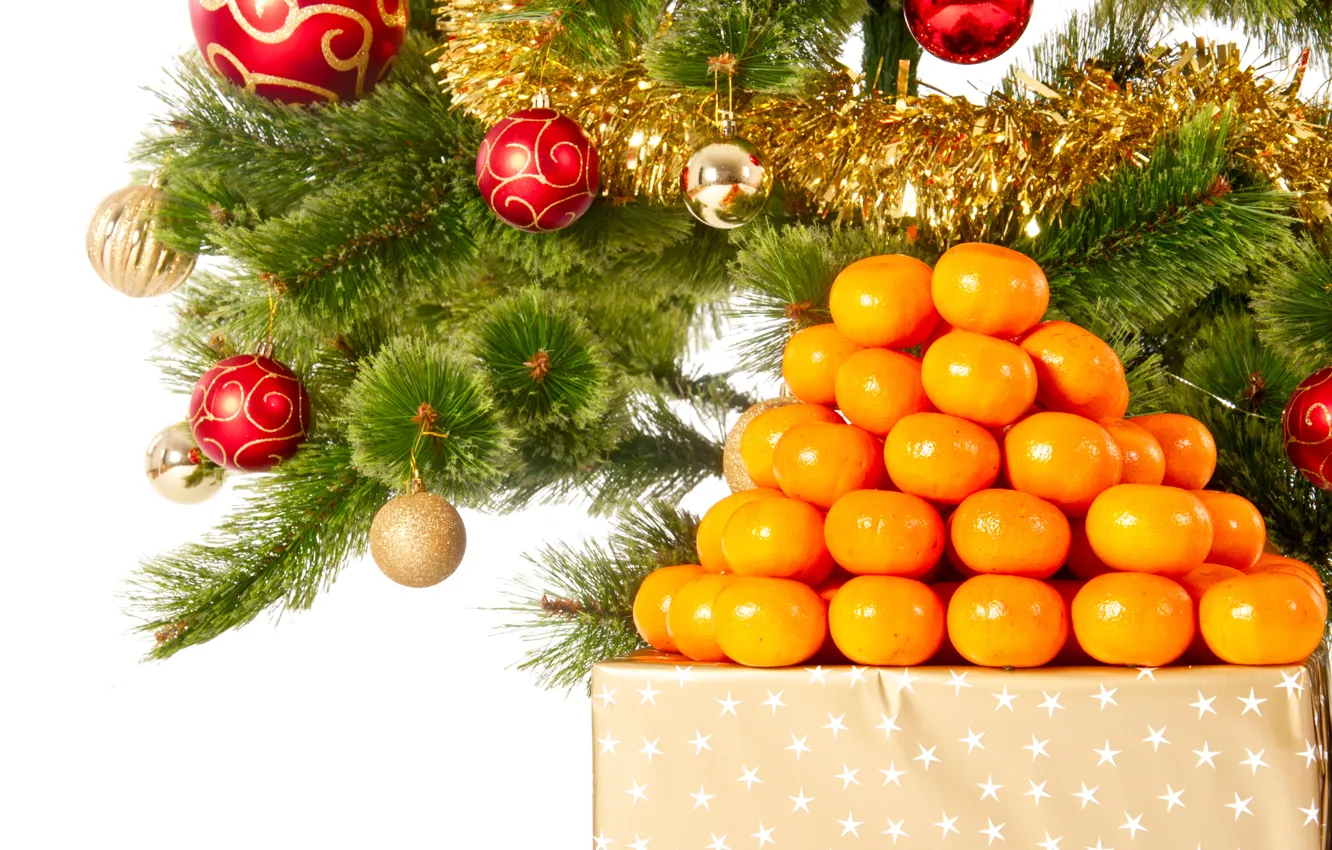 Photo wallpaper decoration, balls, tree, New Year, Christmas, Christmas, tangerines, decoration