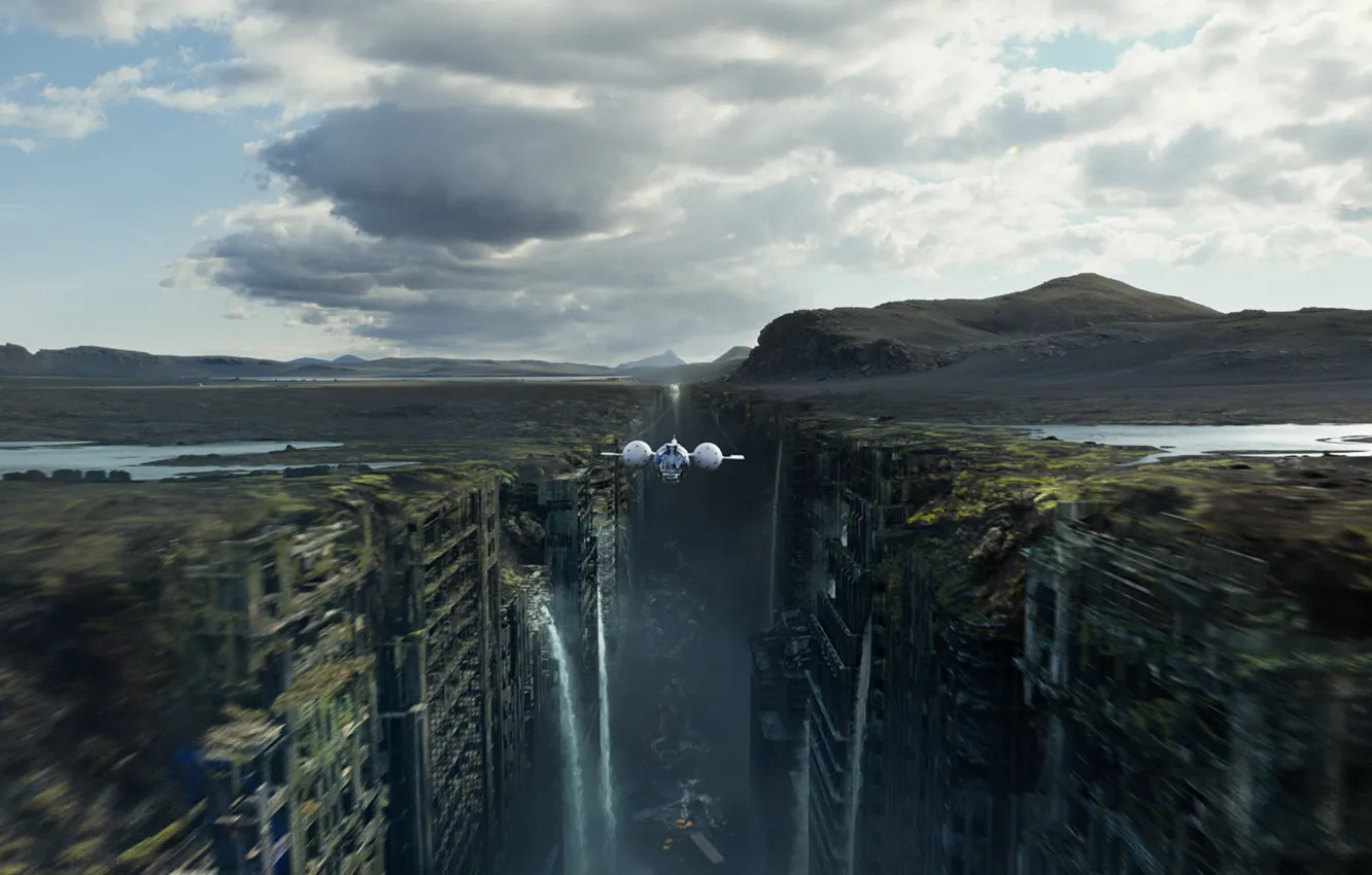 Photo wallpaper flight, the city, ship, gorge, ruins, waterfalls, oblivion, oblivion