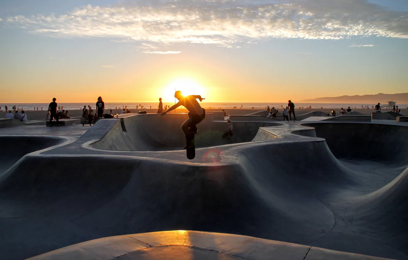 Photo wallpaper sky, sunset, park, clouds, people, skate, skateboard, curves