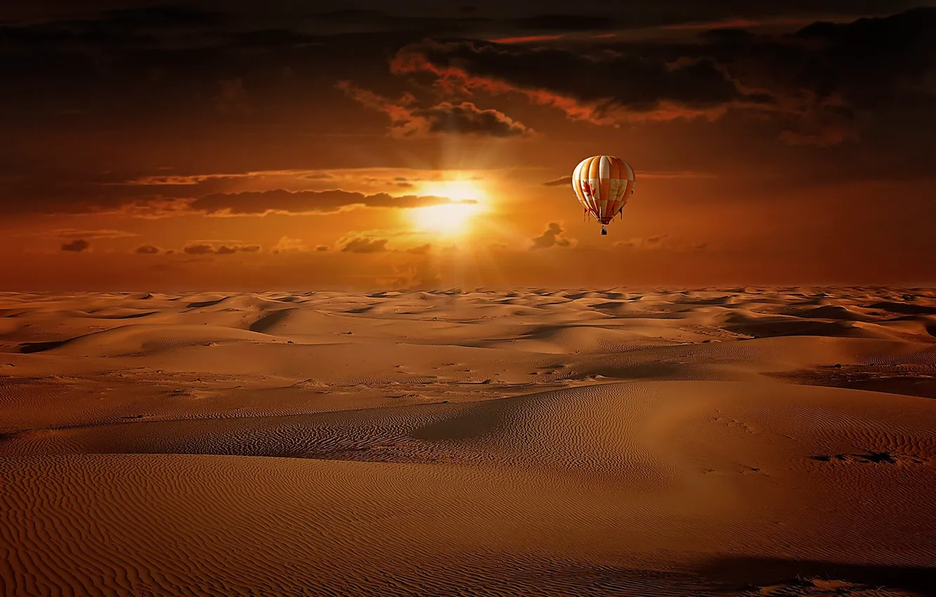 Photo wallpaper sand, the sky, the sun, clouds, the dunes, balloon, sunrise, desert