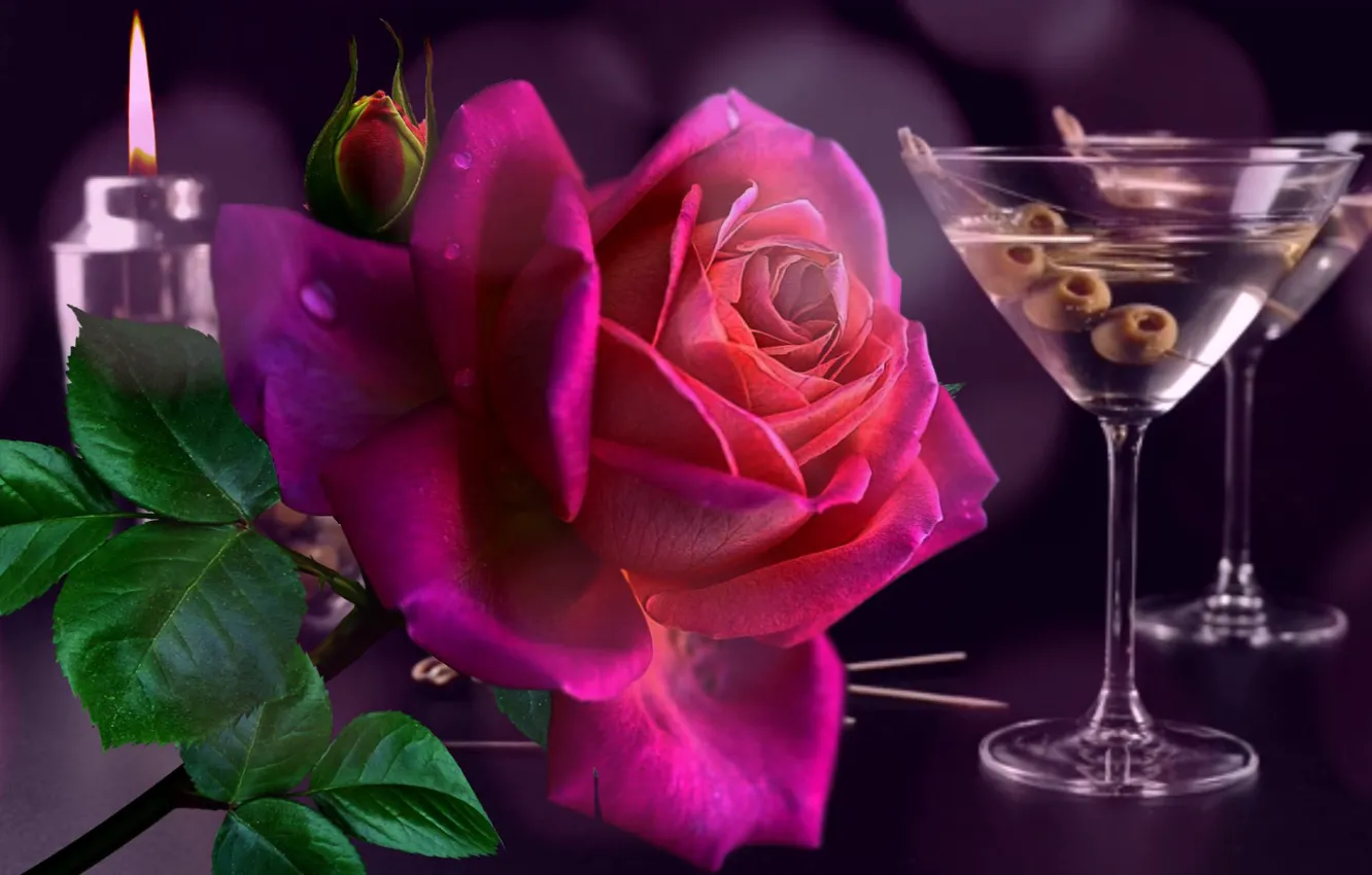 Photo wallpaper candle, Rose, glasses